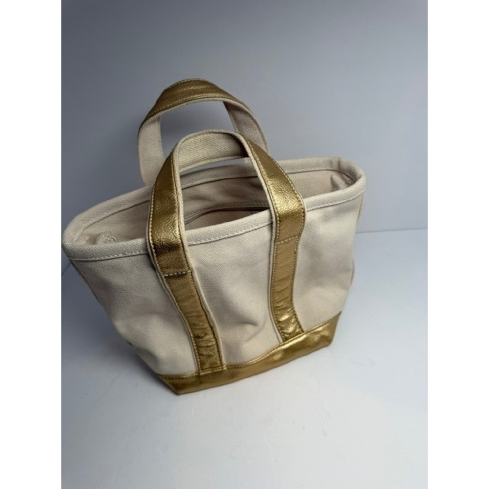 Lands End Small Canvas 3 pocket Tote Bag Metallic Gold Cream Handbag